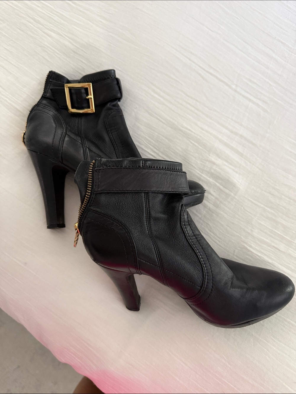 Tory Burch Black Leather Ankle Booties with Gold Buckle